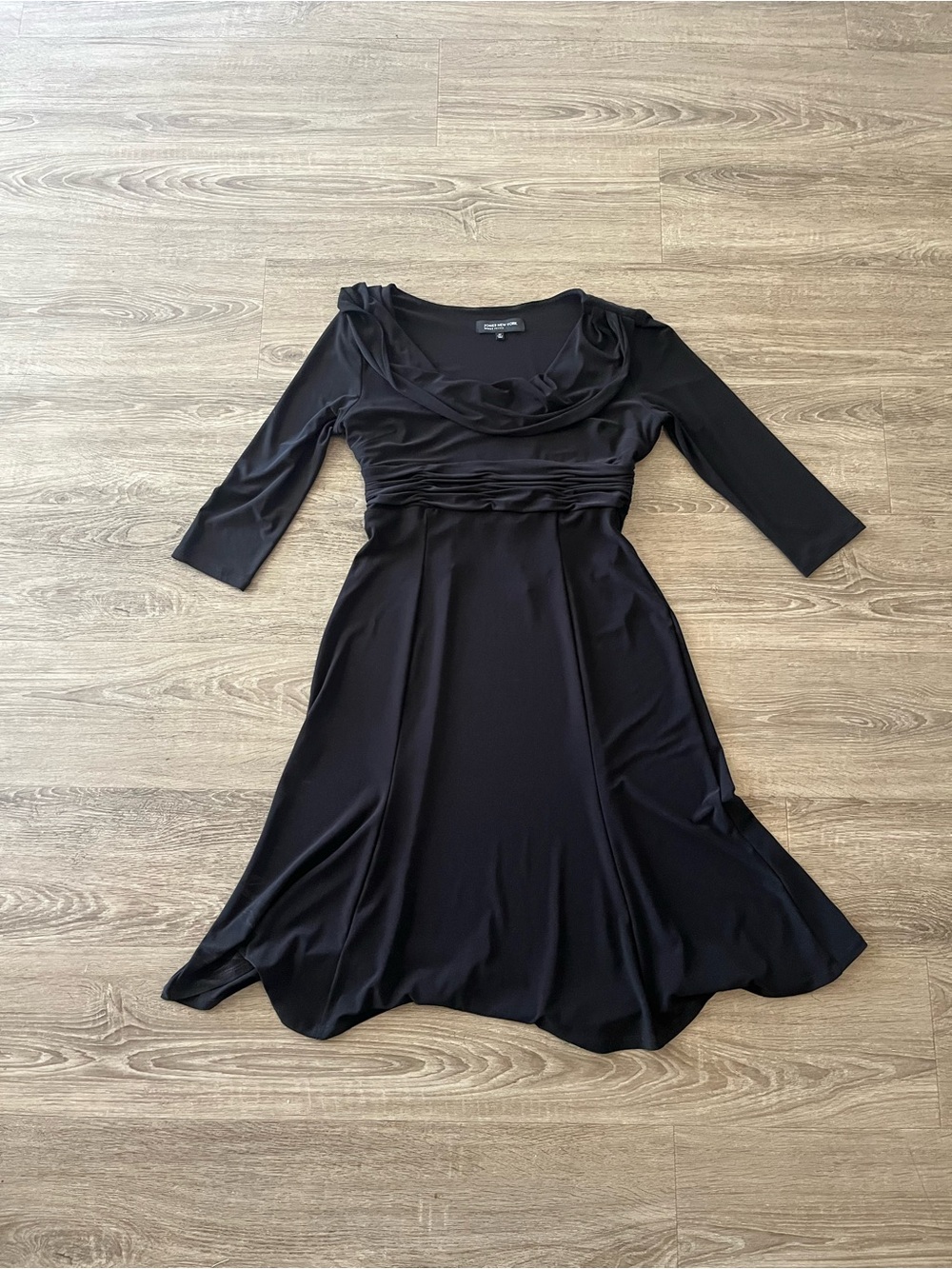 Jones New York Midi A Line Dress Petite Womens 8P Black Cowl Neck Ruched Evening